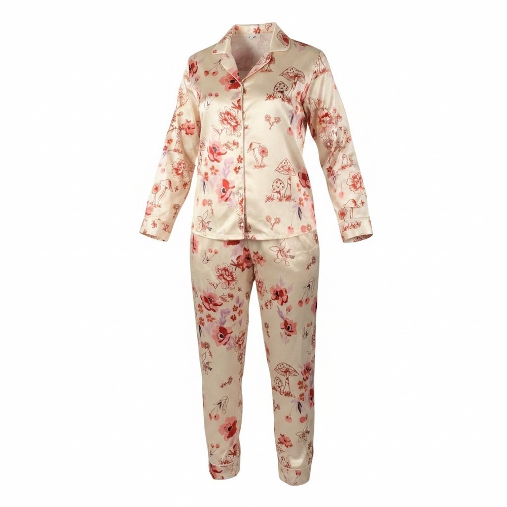 Floral Mushroom Satin Pajama Set Cream Pink Long Sleeve Button Down Pants MED